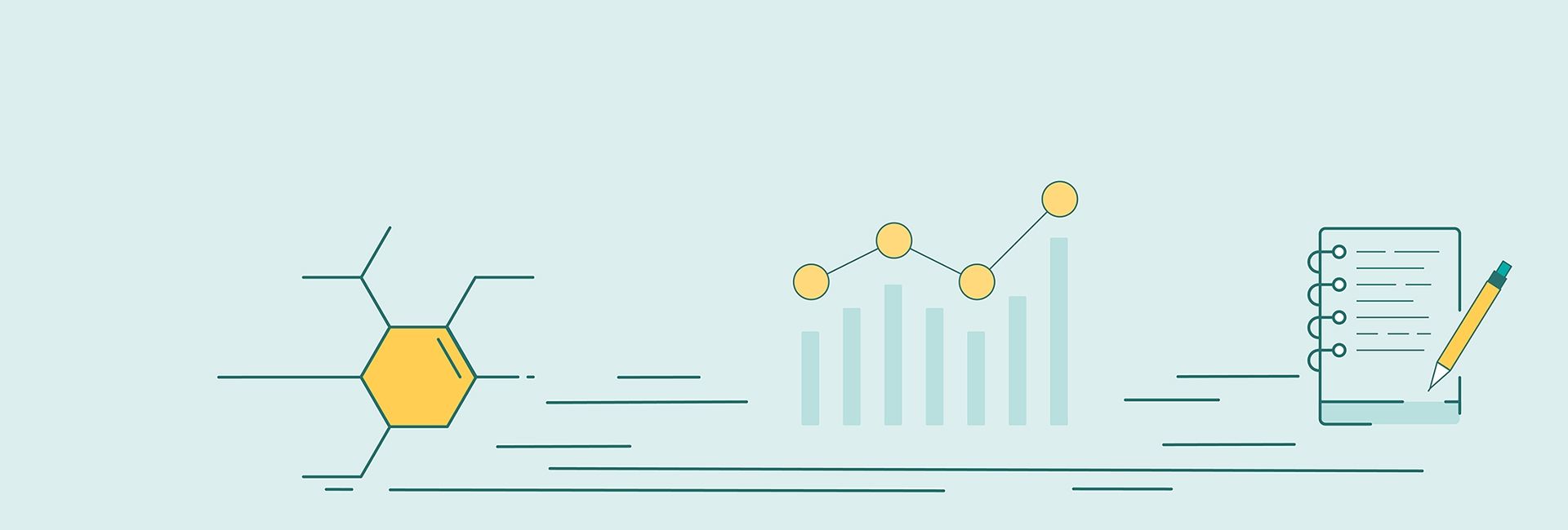 Illustration zum Qualitätsmanagement bei PubliCare: Symbol für Prozesse, Balkendiagramm für Analyse, Notizblock für Dokumentation.