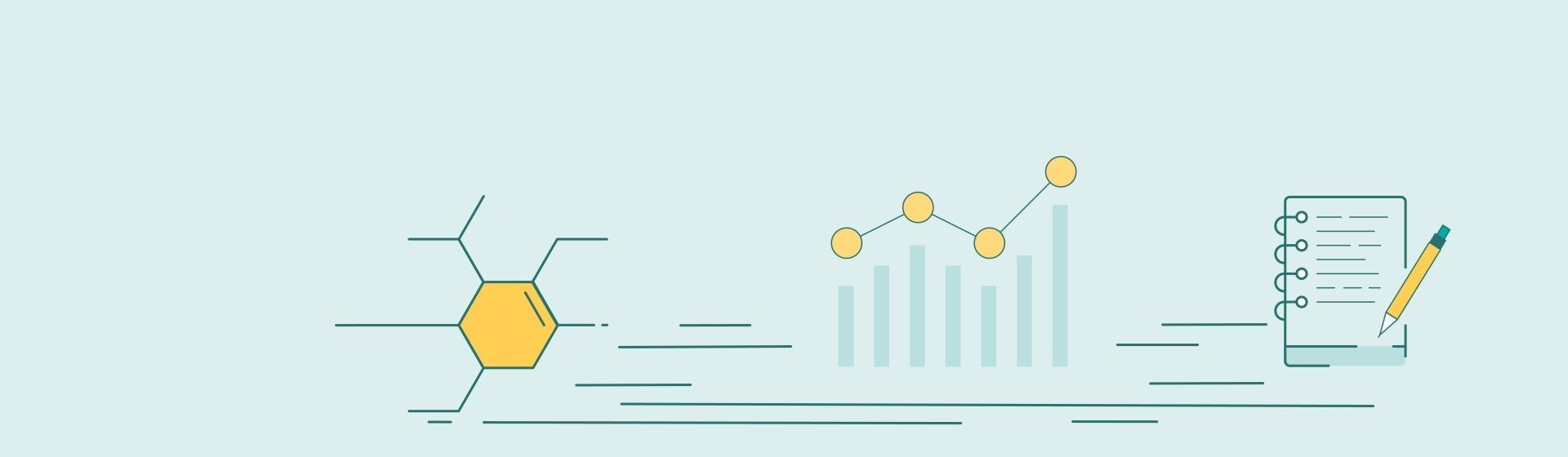 Illustration zum Qualitätsmanagement bei PubliCare: Symbol für Prozesse, Balkendiagramm für Analyse, Notizblock für Dokumentation.