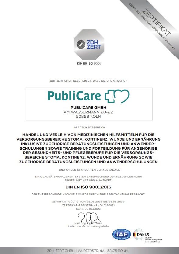 ISO 9001 Zertifikat für Qualitätsmanagementsysteme, ausgestellt für Publicare GmbH mit Angaben zu Gültigkeit und Registriernummer